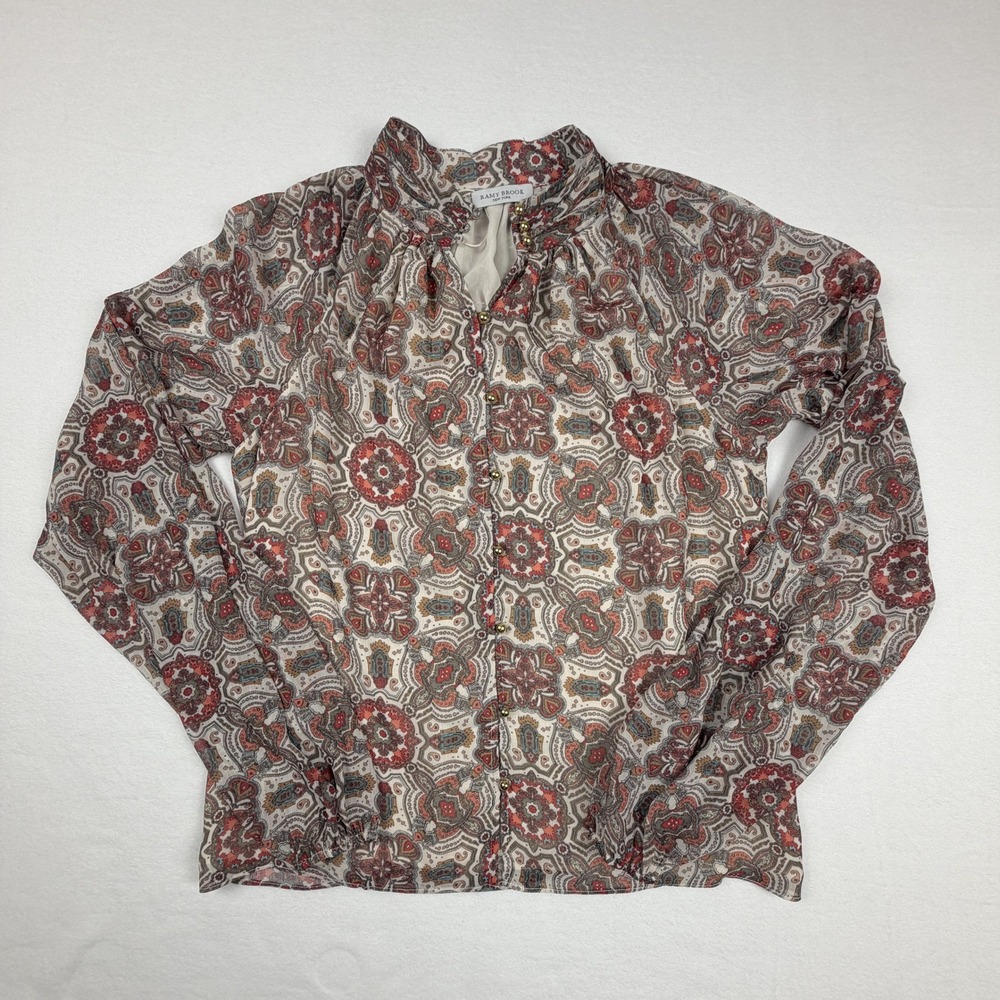 Ramy Brook Printed Colie Paisley Blouse Women M Bonco Gold Button High Neck NWT